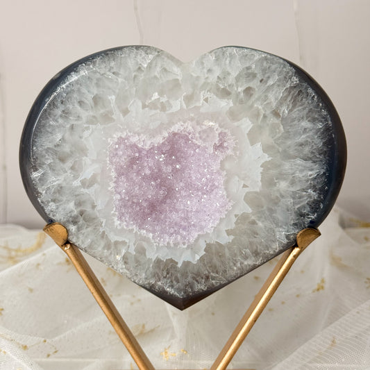 Lilac Sugar Druzy Agate Heart & Custom Stand