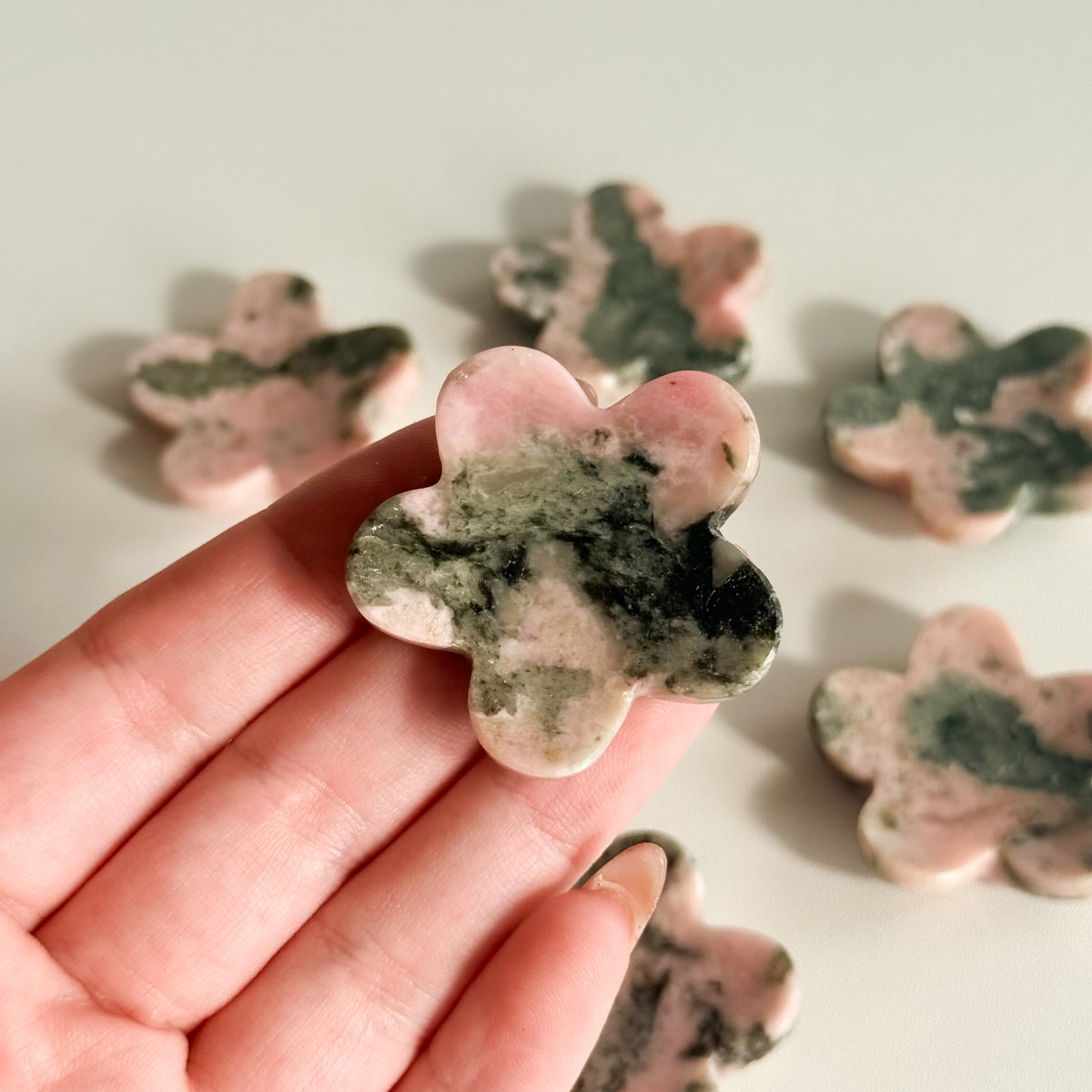 Pink Thulite & Epidote Flower Worry Stone