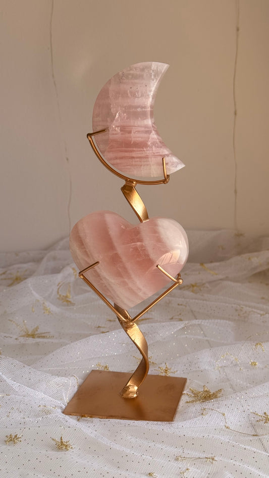 Brazilian Rose Quartz Moon & Heart Duo on Custom Gold Stand (A)