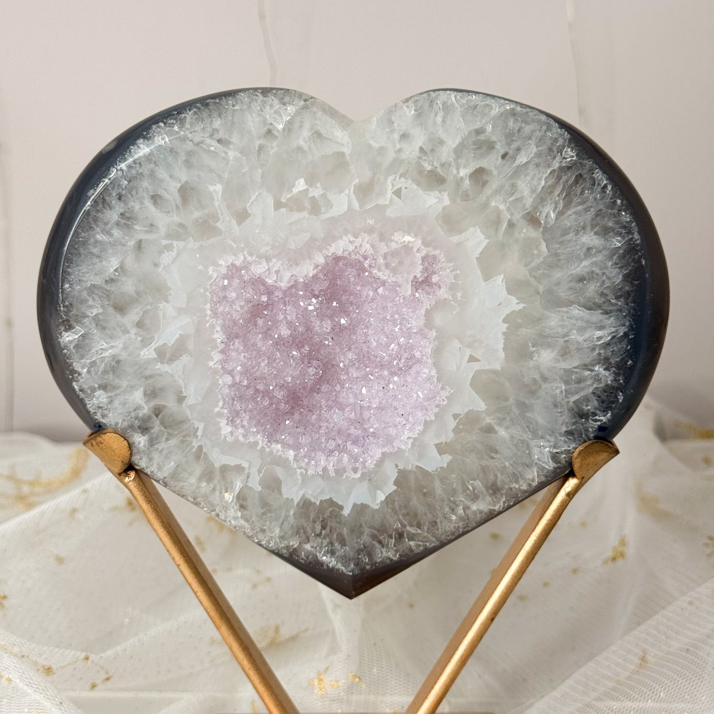 Lilac Sugar Druzy Agate Heart & Custom Stand