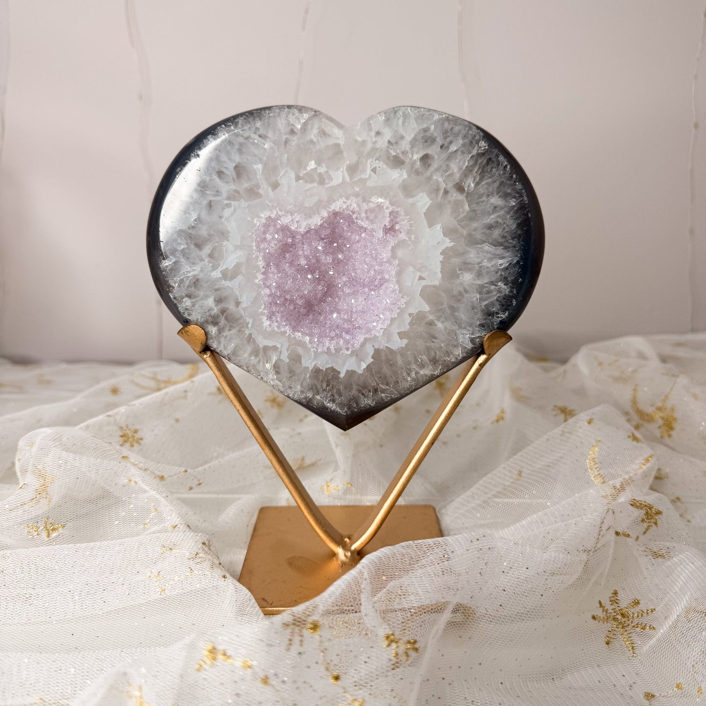 Lilac Sugar Druzy Agate Heart & Custom Stand