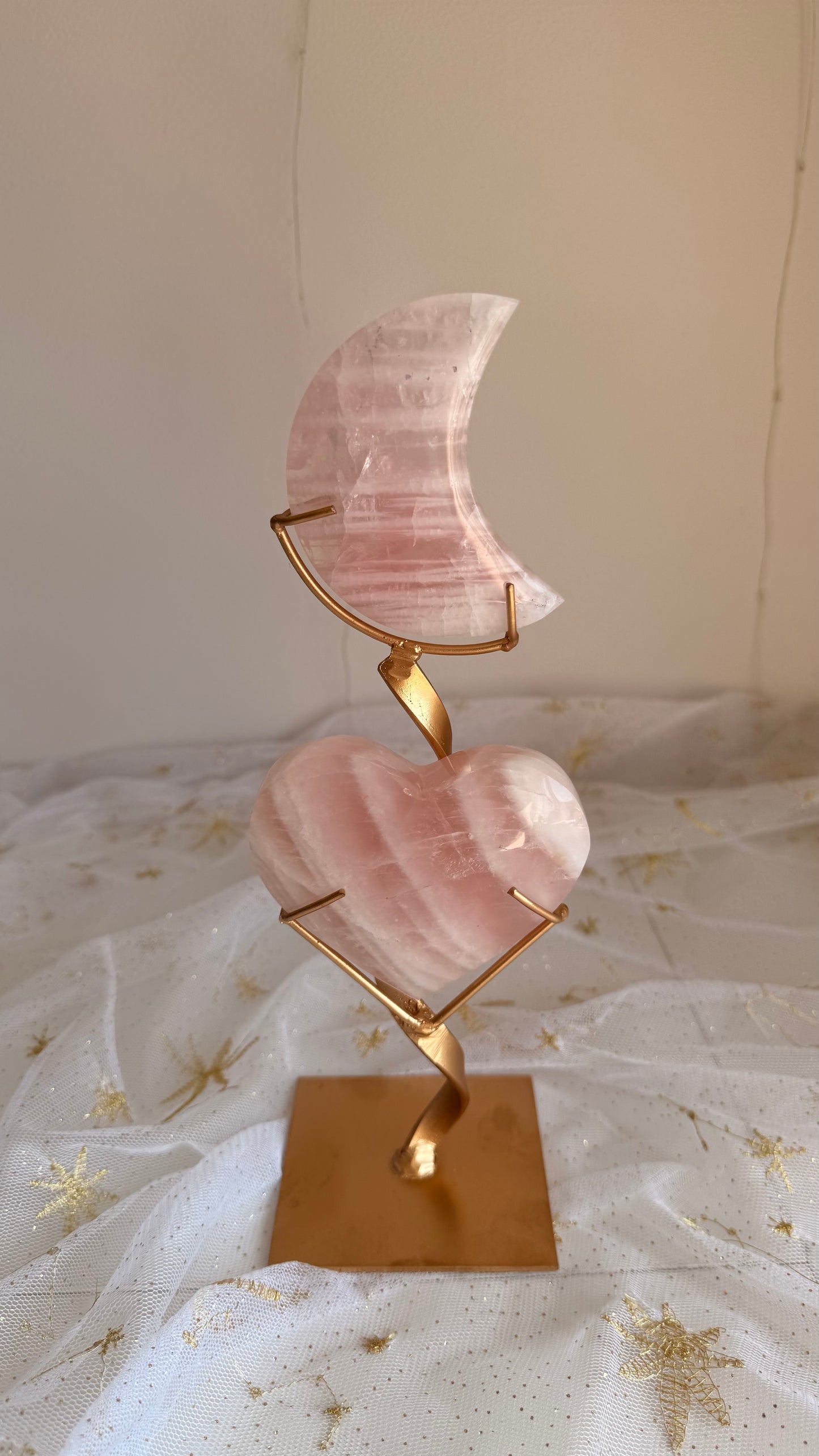 Brazilian Rose Quartz Moon & Heart Duo on Custom Gold Stand (A)