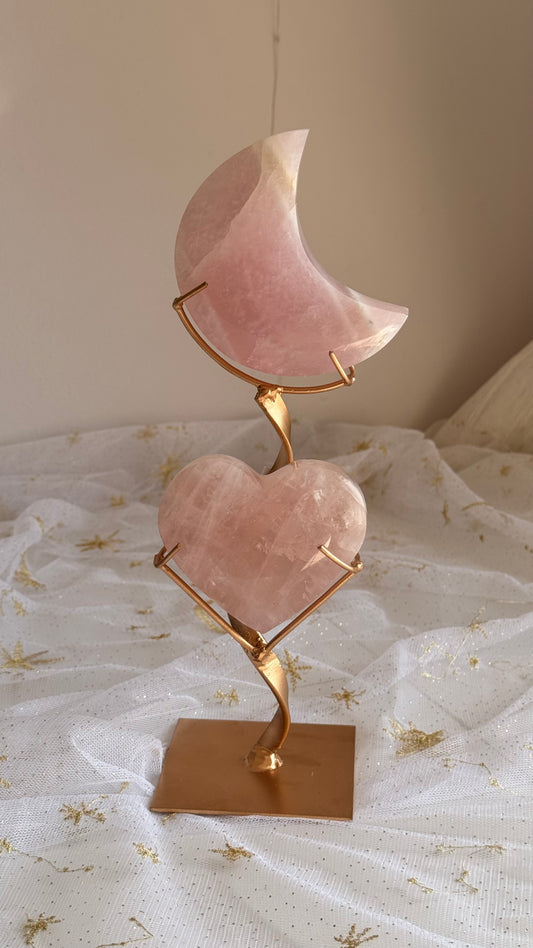 Brazilian Rose Quartz Moon & Heart Duo on Custom Gold Stand (B)
