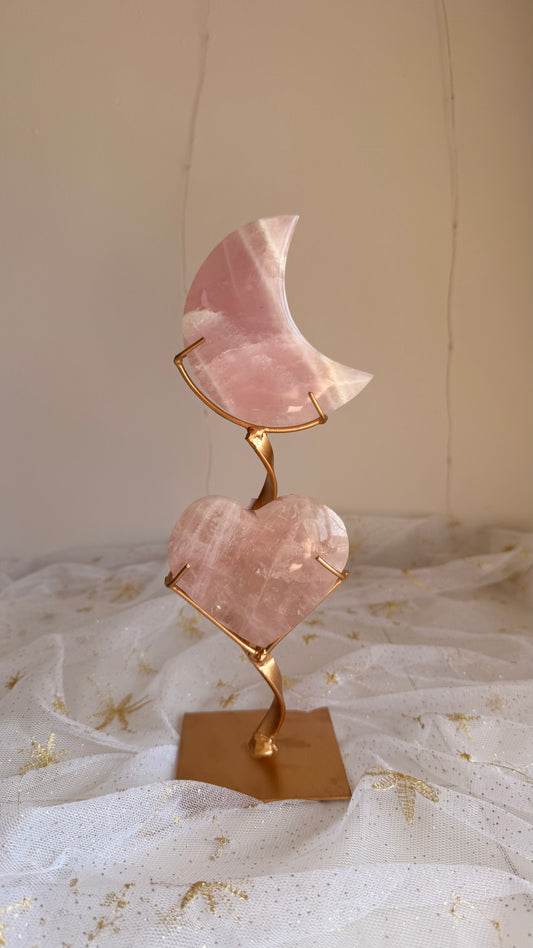 Brazilian Rose Quartz Moon & Heart Duo on Custom Gold Stand (B)