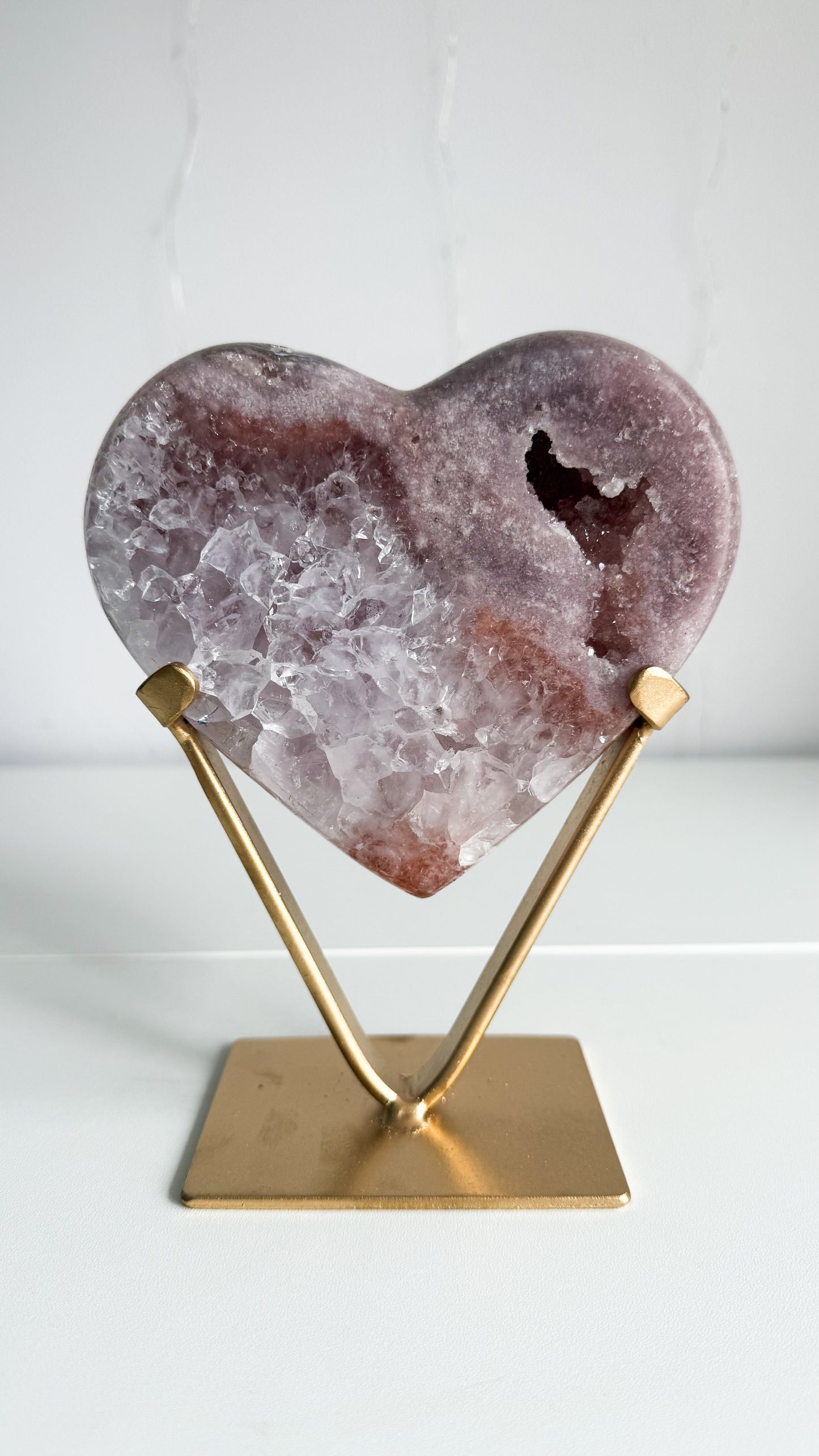 Pink Amethyst Heart & Gold Stand
